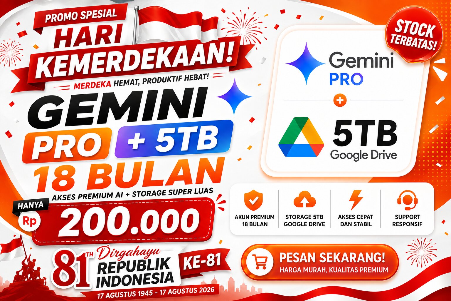 Gemini Pro 18 Bulan + Google Drive 5 TB (Edisi Promo Kemerdekaan)